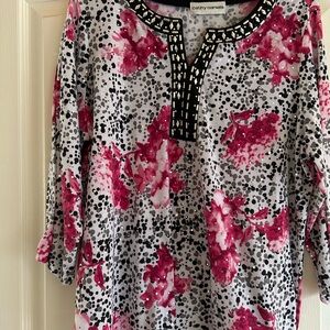 Cathy Daniels Pink Floral Tunic with Black Beaded Neckline